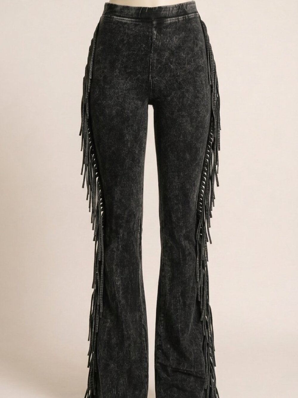 BOGOMORE Fringe Pants Charcoal M High Waist Boho Western Festival Streetwear